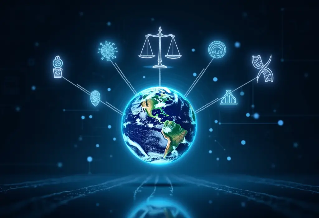 A futuristic digital rendering of Earth with interconnected symbols representing key ethical themes: justice scales for law and morality, a DNA strand for bioethics, financial growth for business ethics, cultural symbols for cross-cultural ethics, and a government building for policy and regulation. The glowing blue background emphasizes a high-tech, interconnected world of ethical challenges and decision-making.
