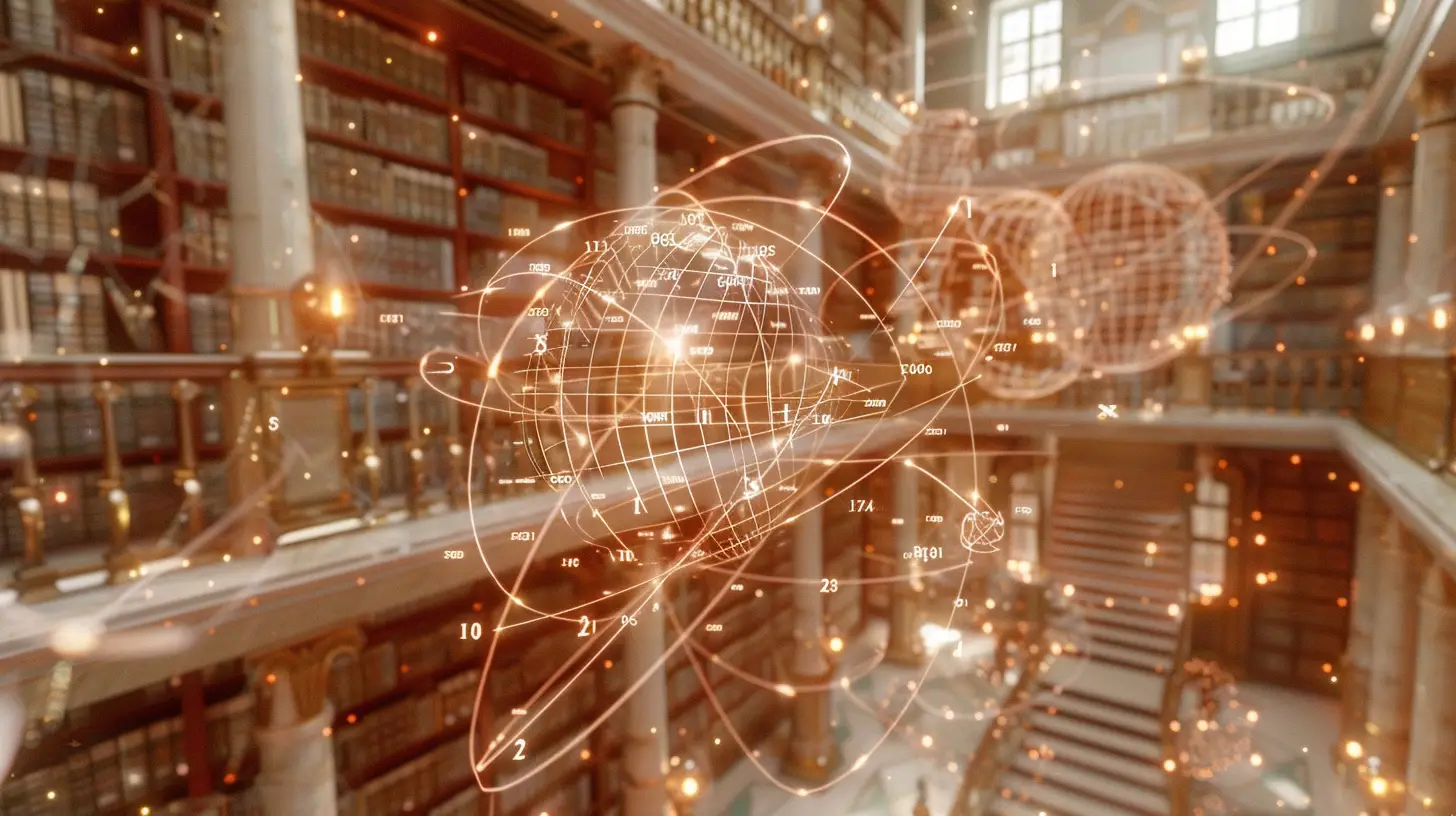 Glowing golden mathematical formulas and spherical patterns float in a grand Academy library, connecting through streams of light while warm illumination from above highlights the magical equations suspended in space.