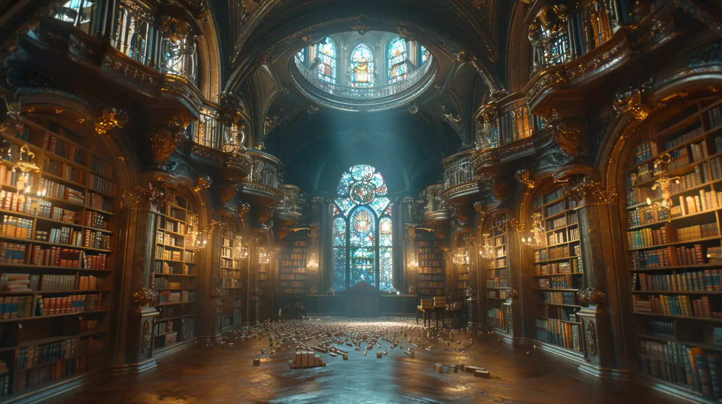 Ancient mystical library interior soaring Gothic arches