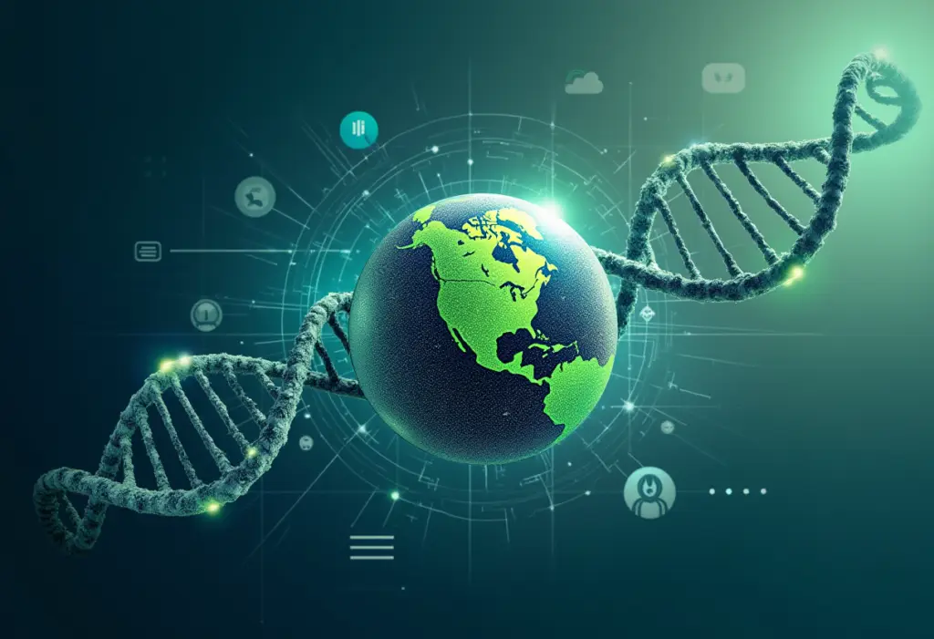 A digital composite image featuring a globe with North America highlighted, intertwined with a DNA helix, symbolizing the intersection of biotechnology, environmental ethics, and technological advancements. The futuristic background includes digital interface elements representing data, AI, and global connectivity.