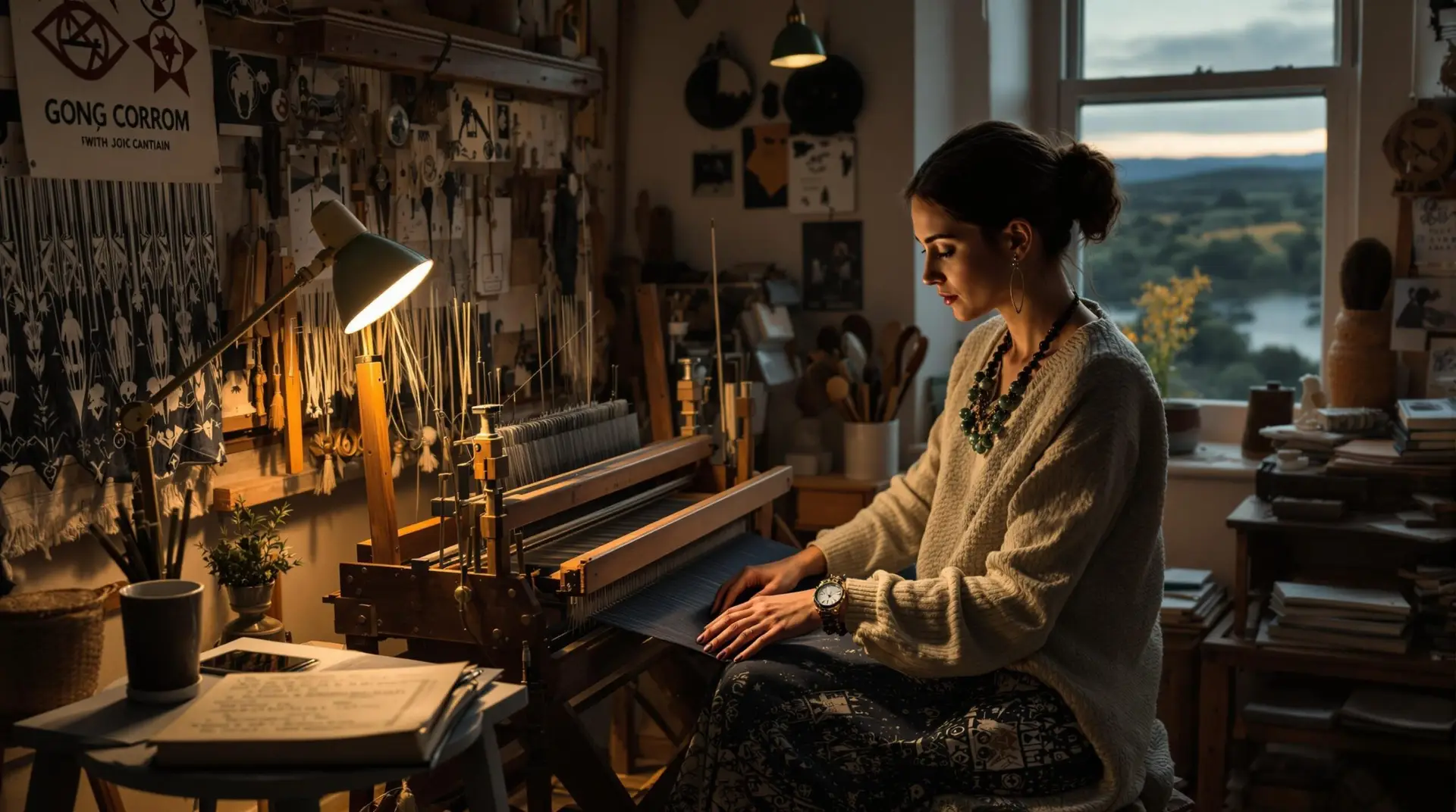 Jennifer sits alone at her grandmother's loom in the warm evening light of her workroom. Her hands rest on a beautiful new tapestry that blends ancient Norse symbols with contemporary design. On the table beside her lies her grandmother's final journal, open to a page listing memory-weaver families, and her phone displaying a draft email. The peaceful scene captures a moment of connection between past and future.