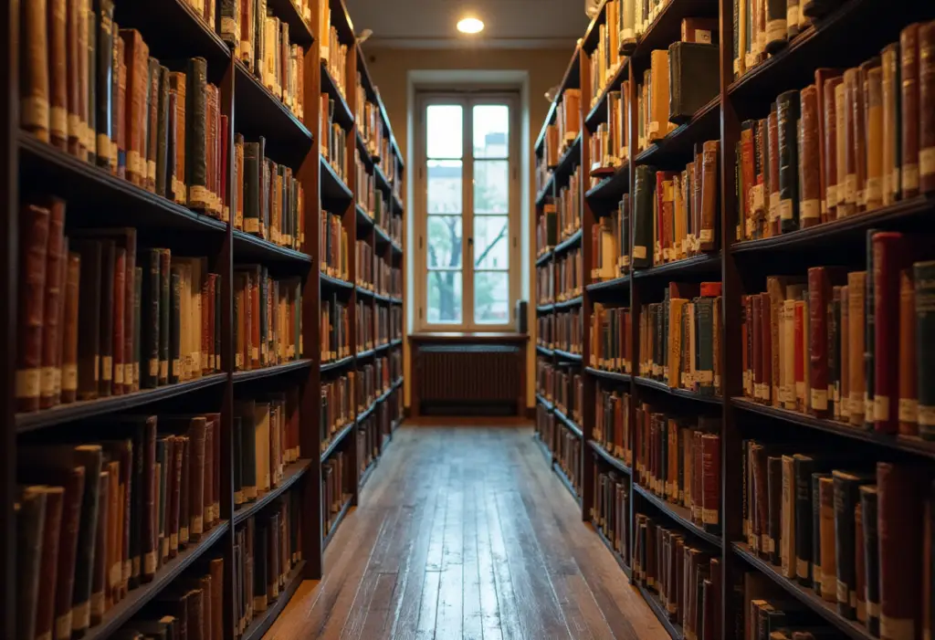 an aisle in a library with sleves on either side full of books