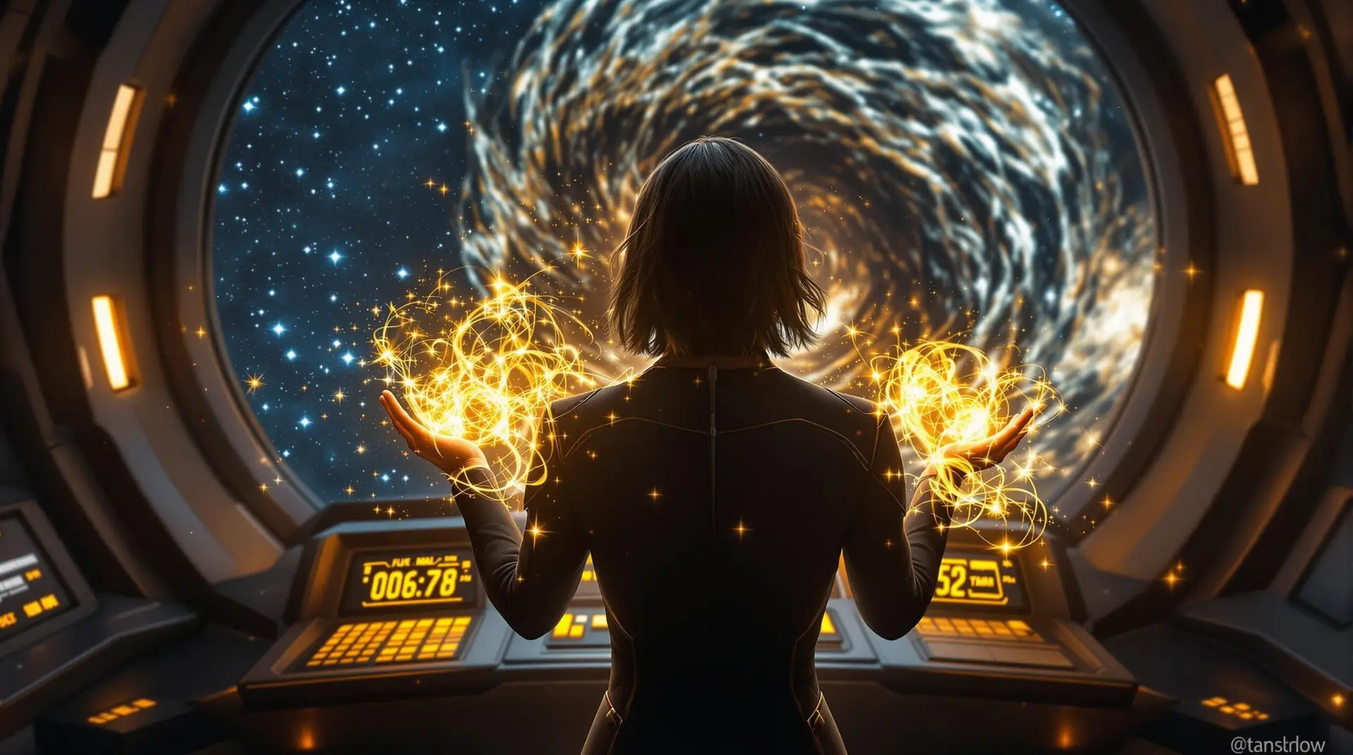 A woman stands on a futuristic spaceship bridge with glowing golden magical energy swirling around both hands, facing a large viewport window that shows a mysterious cosmic anomaly twisting through star-filled space.