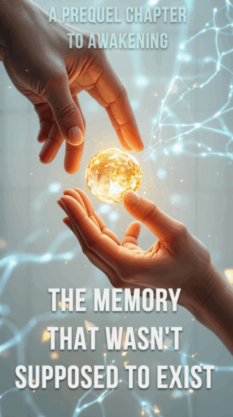 Cover image for "The Memory That Wasn't Supposed to Exist," a prequel chapter to Awakening. Two hands reach toward each other across a glowing golden sphere of crystallized emotion, set against a background of neural network patterns in cool blue tones. White text overlays the ethereal sci-fi imagery.