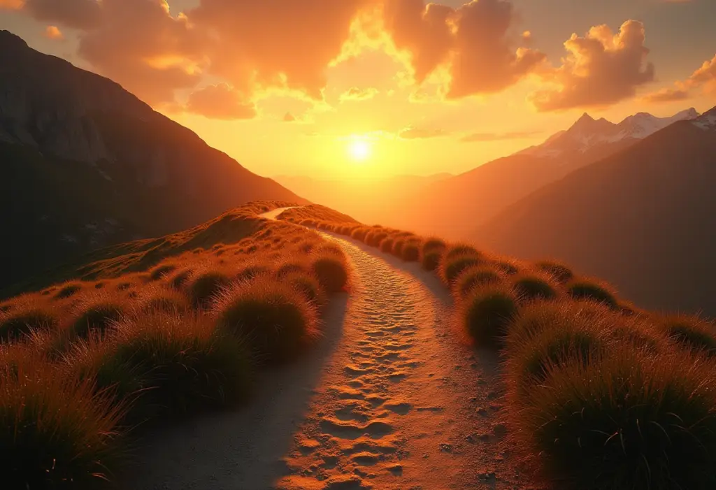 A winding dirt path bathed in golden sunlight, leading toward a radiant sunrise over rolling mountains. The warm glow symbolizes the ongoing journey of ethical growth, reflection, and decision-making, guiding individuals toward wisdom and integrity.