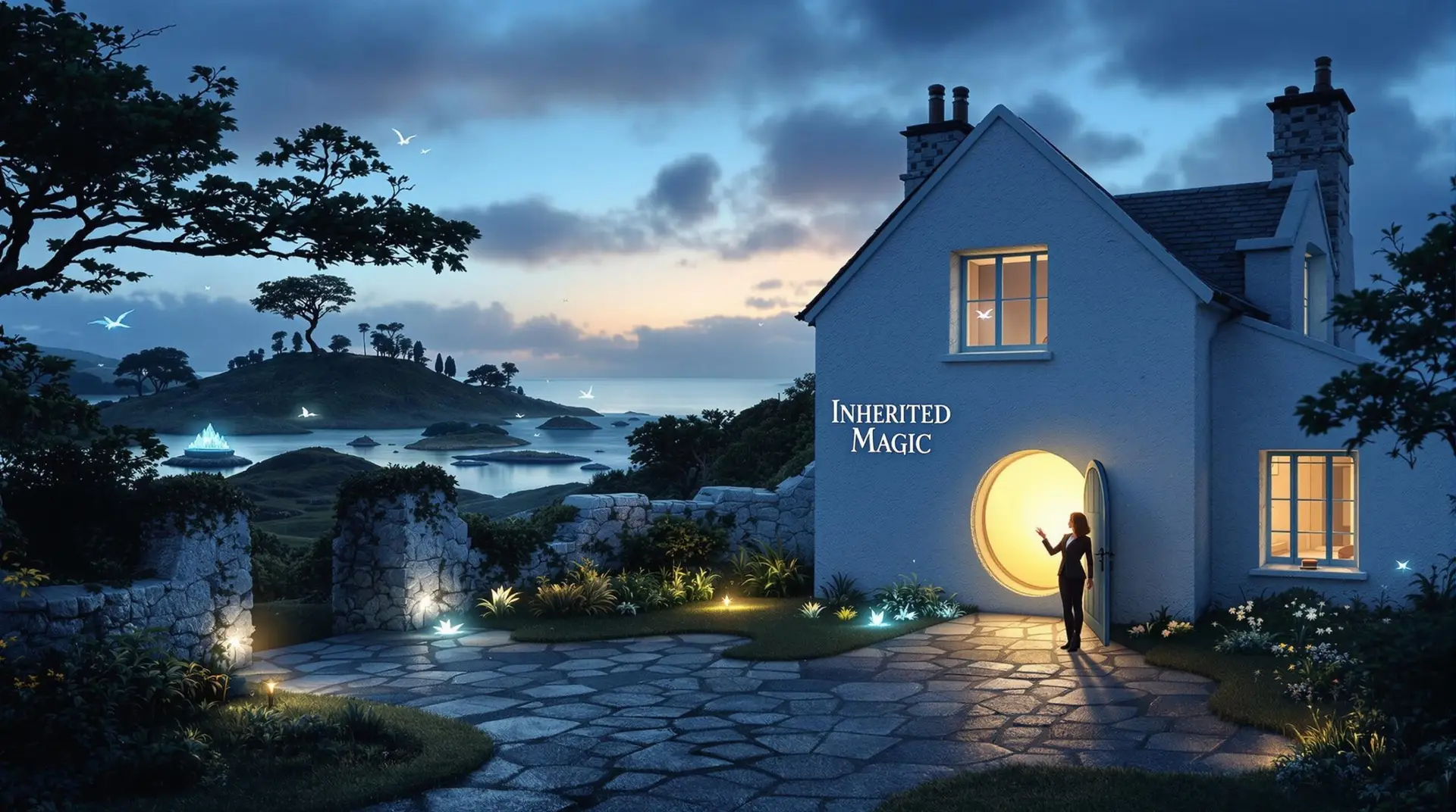 A twilight scene of Trevelyn Cottage, a white Cornish cottage with a slate roof perched on a coastal hillside. A woman in silhouette stands at a large, glowing round doorway that emits golden light. Through windows and across the landscape, glimpses of another world with floating islands and crystalline formations are visible in the distance. Luminous birds or spirits fly through the dusky blue sky. Stone walls and a flagstone path lead to the cottage, with magical light emanating from garden pl