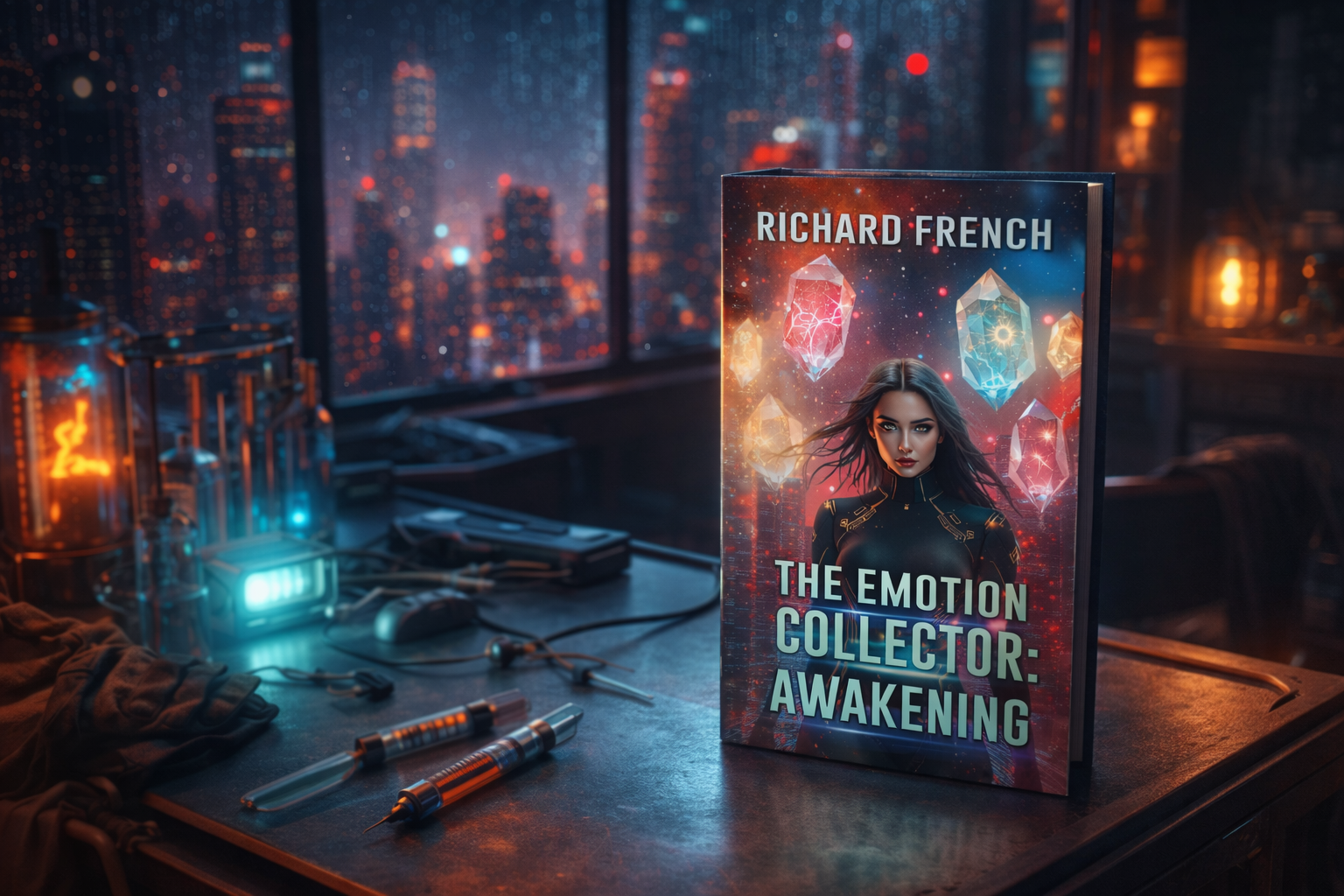 The Emotion Collector: Awakening by Richard French — hardcover and paperback editions displayed against a rain-lit cityscape