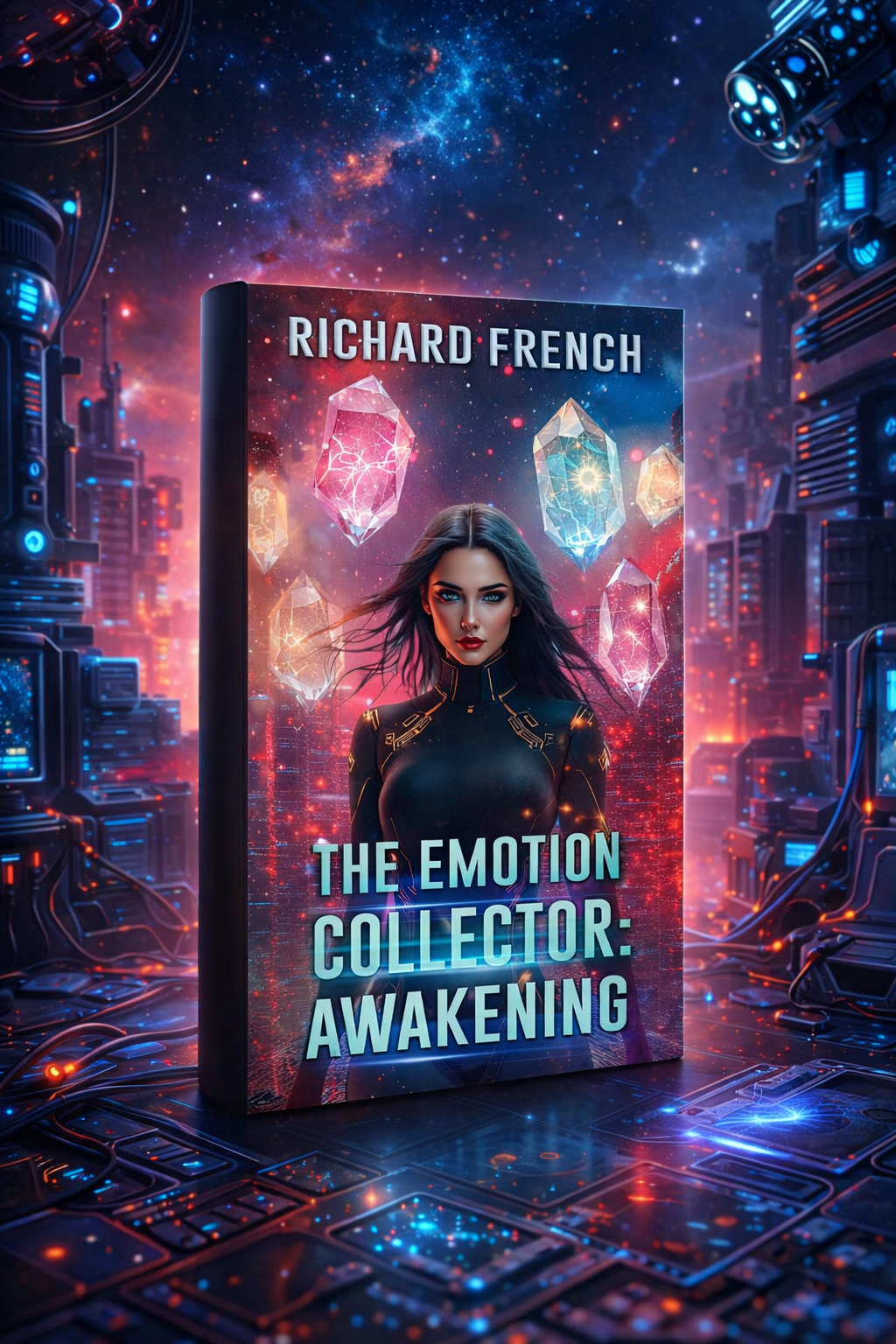 The Emotion Collector: Awakening book cover by Richard French — a woman in a futuristic suit stands beneath glowing emotion crystals against a neon sci-fi cityscape and starfield