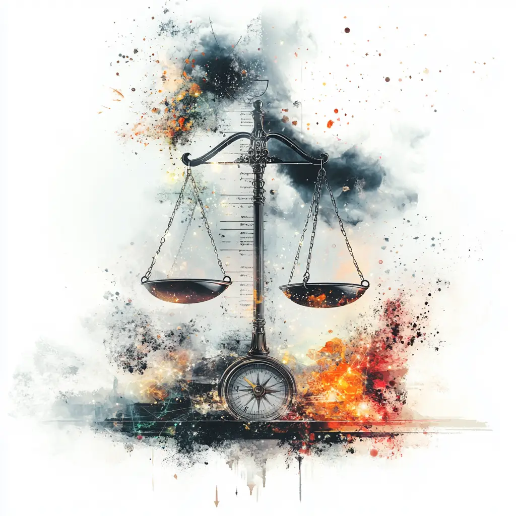 An artistic rendering of scales of justice combined with a compass in a dramatic watercolor style. The scales are balanced and ornately detailed in black metal, while beneath them sits an antique compass. The background features explosive splashes of color - primarily stormy blues, fiery oranges, and blacks - creating a dynamic abstract effect. Paint splatters and drips add texture and movement to the composition, suggesting both chaos and balance. Faint text or musical notation can be seen in the background.