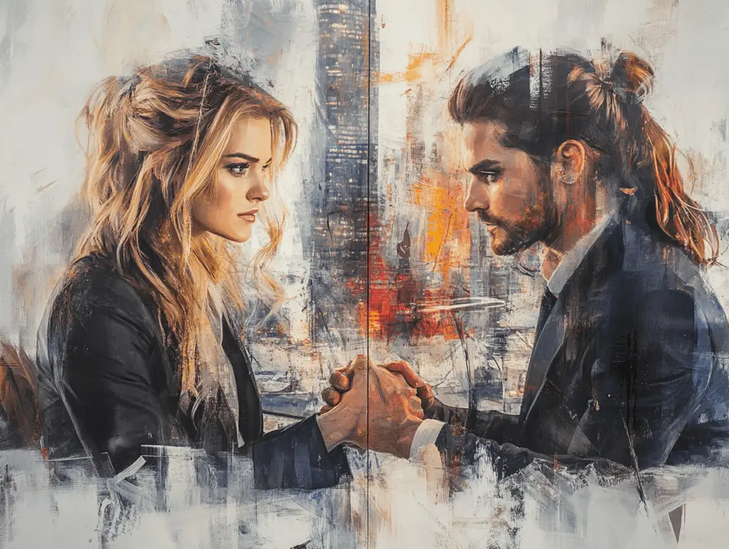 An artistic painting depicting a woman and a man in a tense confrontation. Both are dressed in black professional attire and shown in profile facing each other. Their hands are clasped between them in what appears to be a serious negotiation or discussion. The background features an abstract urban cityscape with splashes of blue, red, and orange, creating a dramatic atmosphere. The painting style combines realistic portraiture with expressive brushstrokes and abstract elements, suggesting emotional complexity and conflict. A vertical line divides the composition in half, emphasizing the duality of their perspectives.