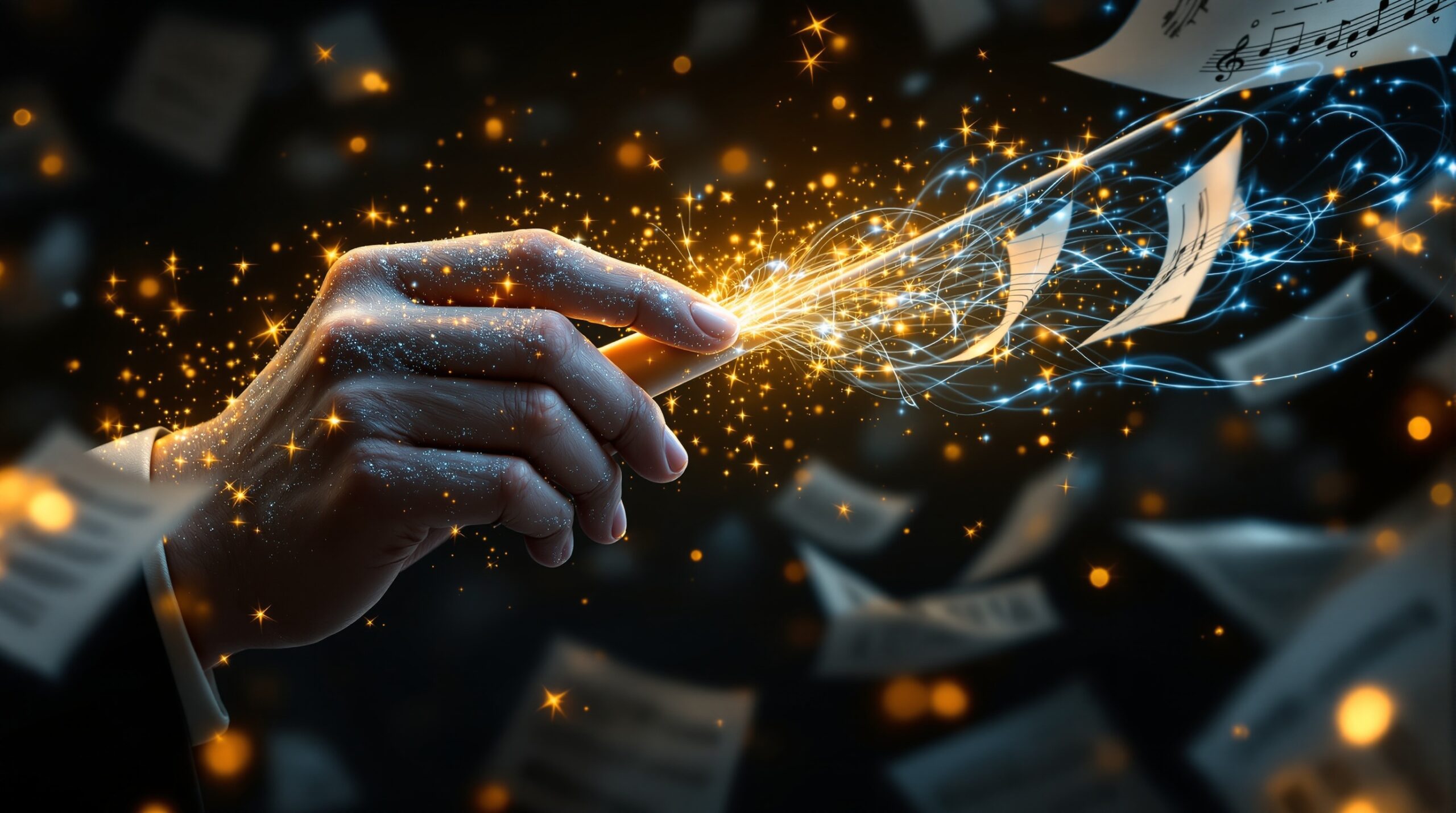 Close-up of hands gripping conductor's baton with magical energy crackling around fingertips and glowing sheet music floating