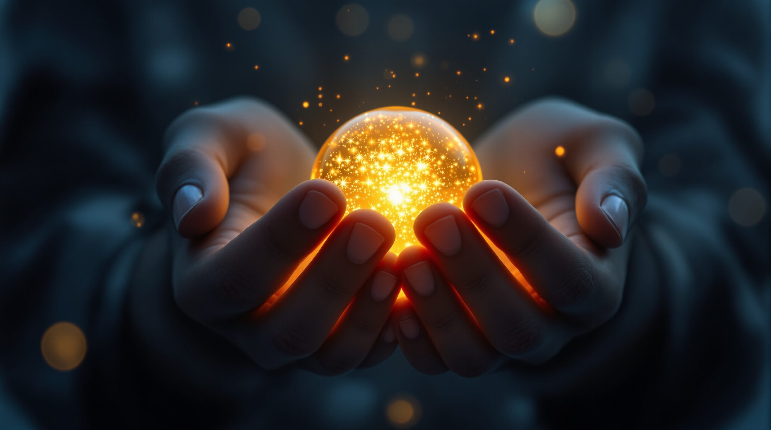 Hands protectively cupping a glowing golden orb against a blurred dystopian background in The Emotion Collector: Awakening