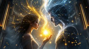 Two figures representing enemies to lovers characters face each other in an Academy setting with golden light emanating from a woman on the left and silver-blue cosmic energy surrounding a man on the right, their opposing magical forces converging in a brilliant spiral between them while mathematical equations float in the starry background, symbolizing cosmic love and unified magic healing reality.