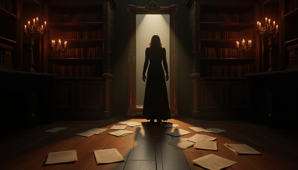 A silhouetted figure stands before an ornate mirror in a candlelit library, surrounded by scattered journal pages, symbolizing the journey of shadow