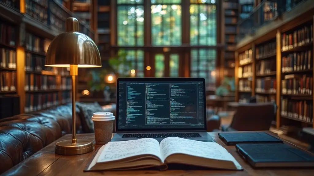 Modern academic workspace featuring Cornell method journal and digital tools, demonstrating effective academic journaling techniques for students and