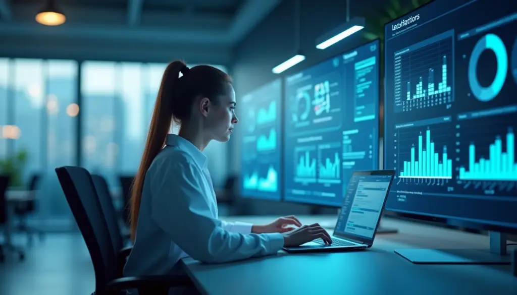 Researcher analyzing multiple holographic progress monitoring displays showing Gantt charts and project metrics in modern office setting