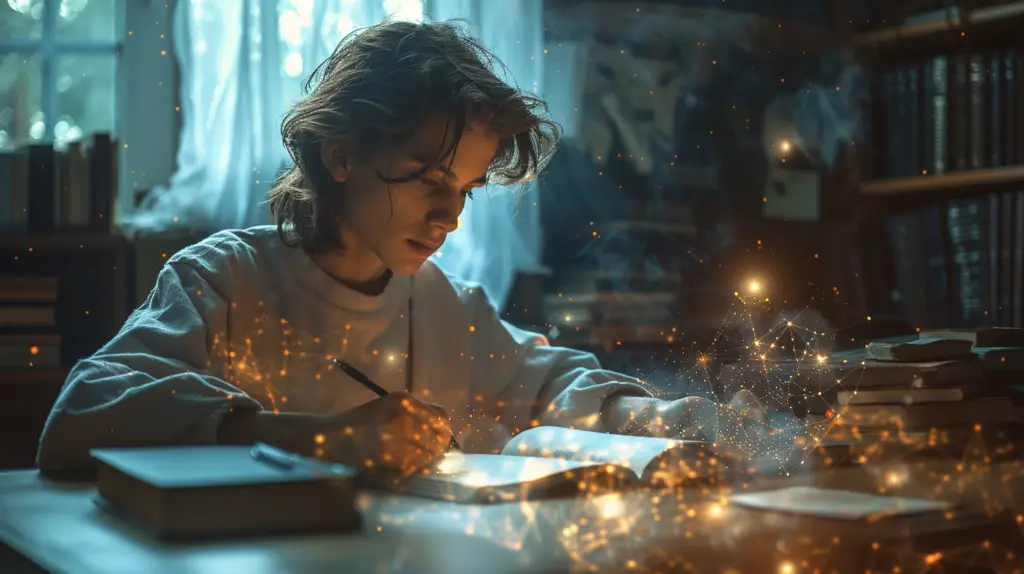 A student in deep reflection at a minimalist wooden desk, an open journal with ethereal, luminescent thoughts emerging as interconnected geometric pat