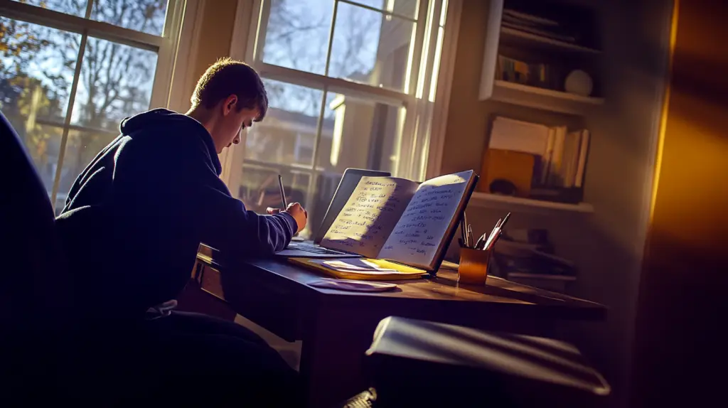 A student sitting at a modern desk with an open journal and laptop, writing goals in a bullet journal format. Soft natural light streams through a win