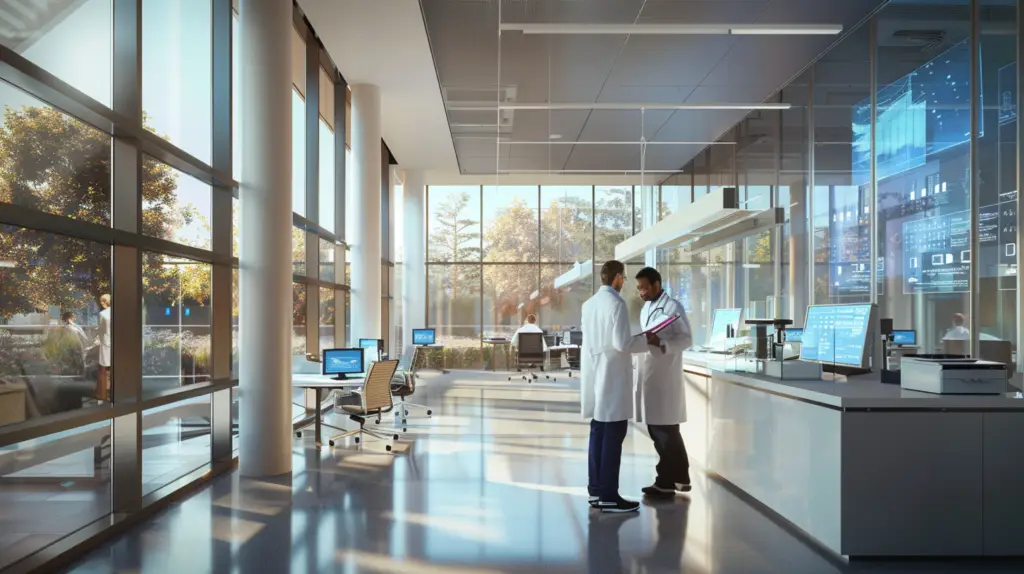 A modern academic research laboratory, two scientists in white lab coats reviewing papers together, holographic displays with data visualization