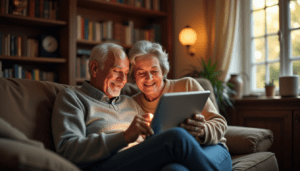 An elderly couple exploring a tablet in a warmly lit living room, representing the challenges and solutions for seniors using technology.