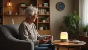 An elderly woman using a voice assistant in a cozy living room, highlighting memory aids and reminders for seniors.