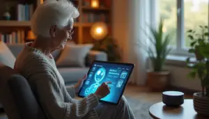 An elderly person using a tablet with an AI chatbot in a cozy living room, symbolizing the role of AI in enhancing quality of life for seniors.