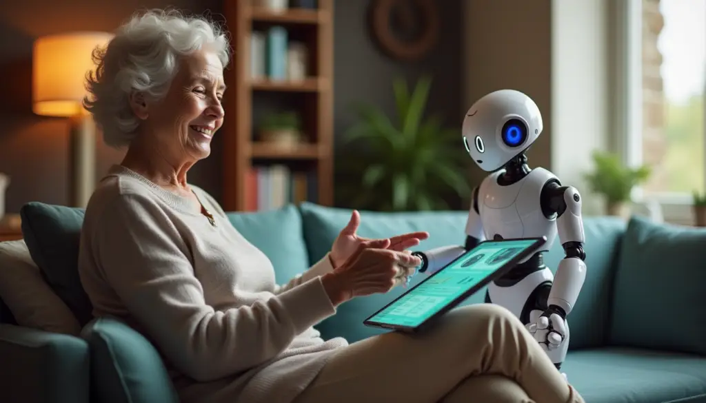 An elderly person engaging with a companion robot and a smart tablet in a cozy living room, representing the integration of AI technology for seniors.