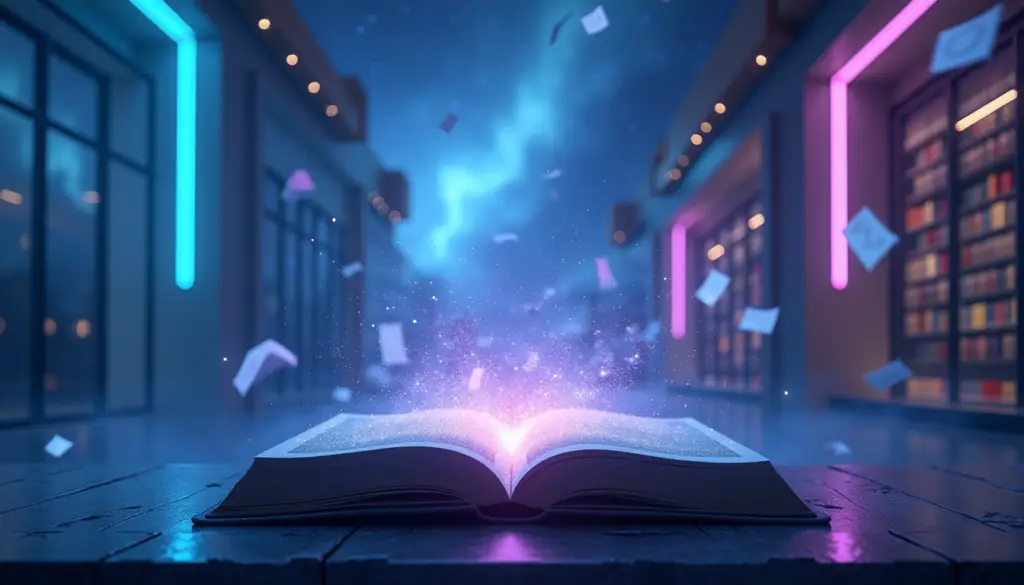 sci-fi vs fantasy An open magical book glowing with ethereal blue and pink light in a futuristic library, with illuminated pages floating upward and sparks of light