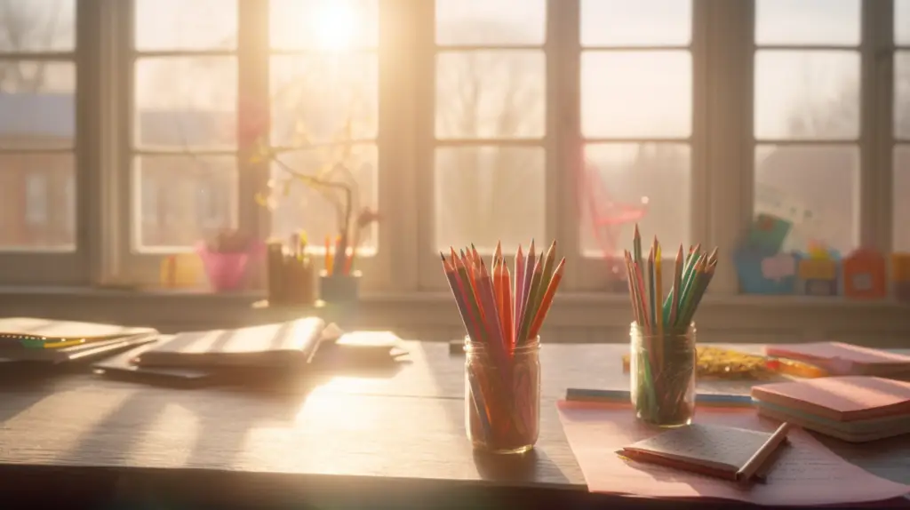 Creative journal prompts for 2nd grade students displayed in an enchanted classroom setting with pencils and colorful notebooks