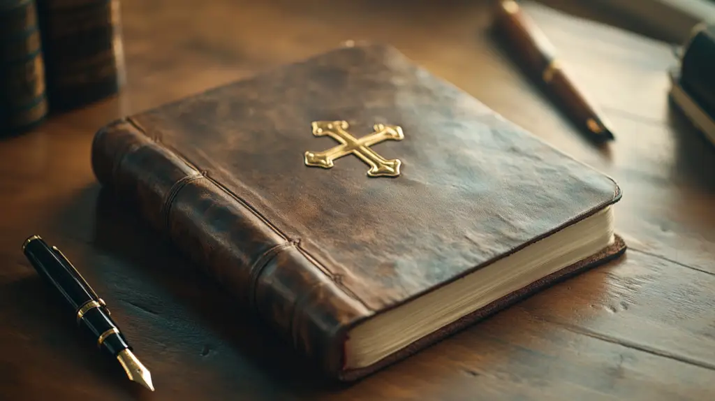 Christian journal prompts and Bible verses illuminate an open leather journal beneath morning light, inspiring spiritual reflection