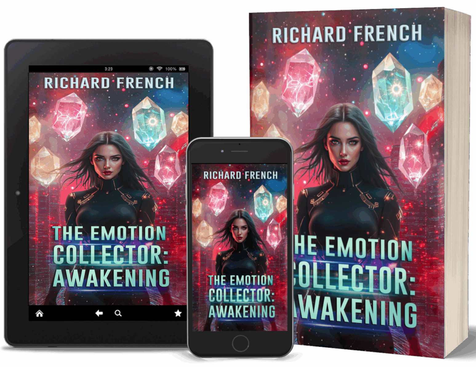 The Emotion Collector Awakening- tablet, phone & book mockup