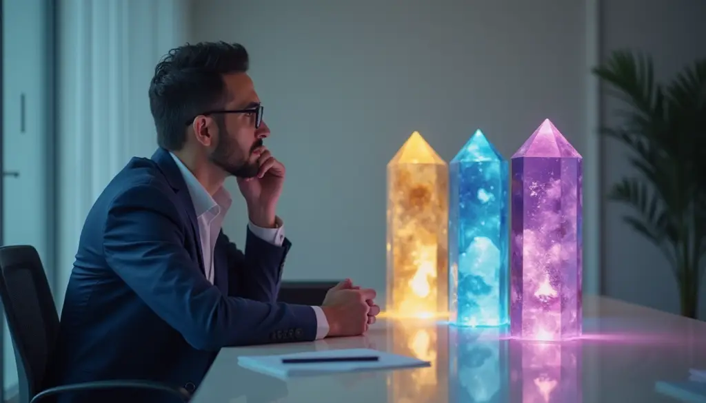 Business leader analyzing three ethical decision-making lenses through floating crystal prisms in modern office setting