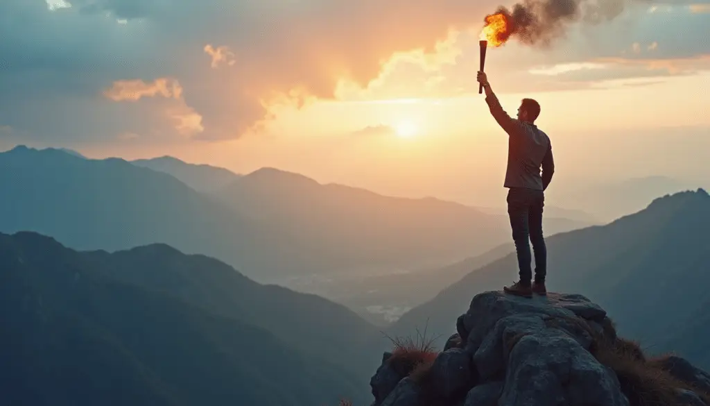 A Leader Standing On A Mountain Peak Holding A Torch