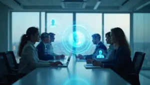 Modern office setting with holographic AI interface displaying diverse candidate profiles, highlighting the intersection of ethical AI implementation and inclusive hiring practices