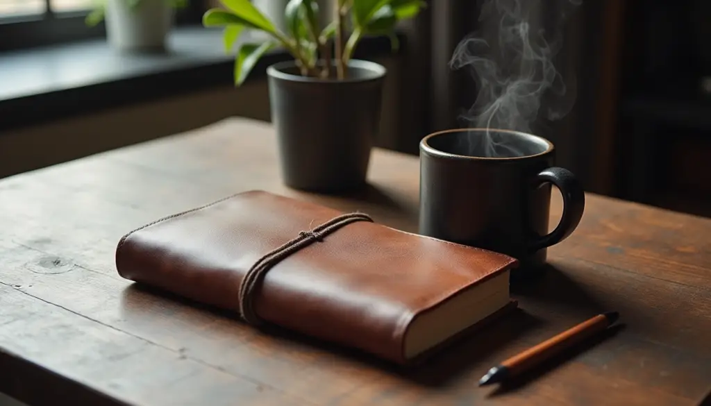 Professional desk setup with leather-bound journal and coffee - minimalist journaling workspace for men's personal development and reflection