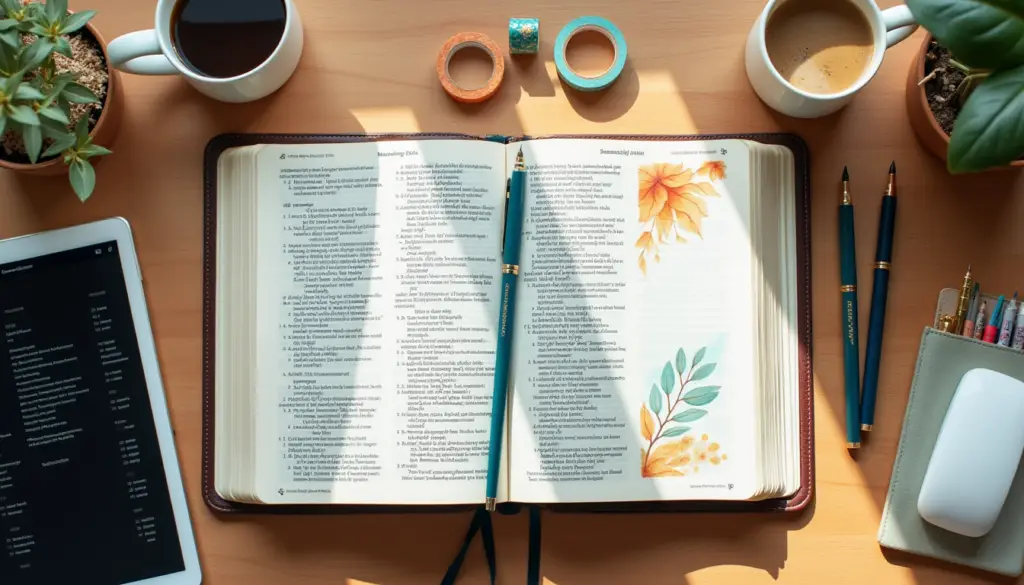 An inviting Bible journaling workspace viewed from above, featuring an open leather-bound Bible with delicate fall-themed watercolor illustrations in the margins. Professional journaling tools including teal fountain pens and coordinating washi tape are thoughtfully arranged alongside two ceramic coffee cups. Potted plants frame the scene, while natural sunlight creates warm shadows across the wooden desk surface, embodying both organization and creative spiritual practice