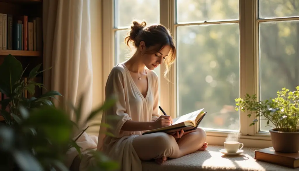 Woman writing in leather journal by window, surrounded by plants and morning light, practicing self-reflection with journal prompts for personal growth and emotional wellbeing