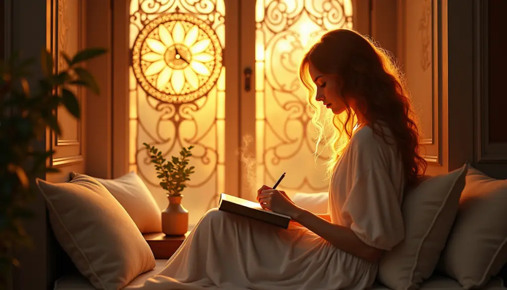 Woman in white dress journaling by ornate window with mandala clock design, bathed in golden hour light, capturing the serene magic of timeless self discovery moments