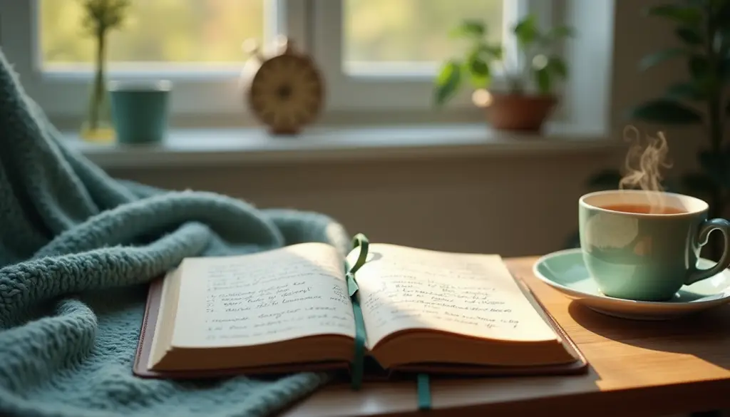 Open journal with anxiety prompts on wooden desk with morning light and calming tea, demonstrating mindful journaling practice for anxiety management