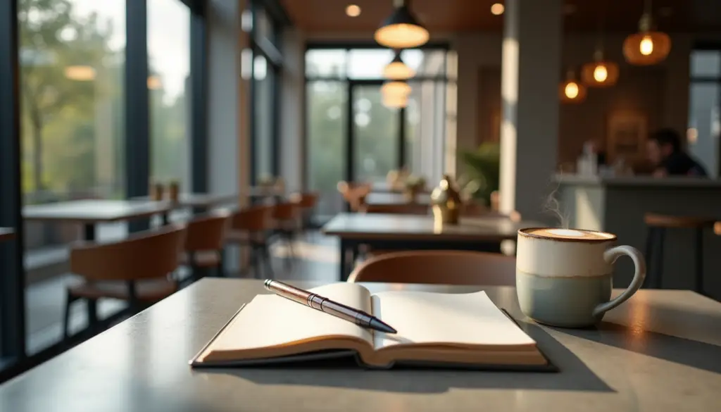 Self care journaling practice in a modern coffee shop interior, featuring an open journal and artisanal latte on a sleek table, surrounded by natural light and warm pendant lighting