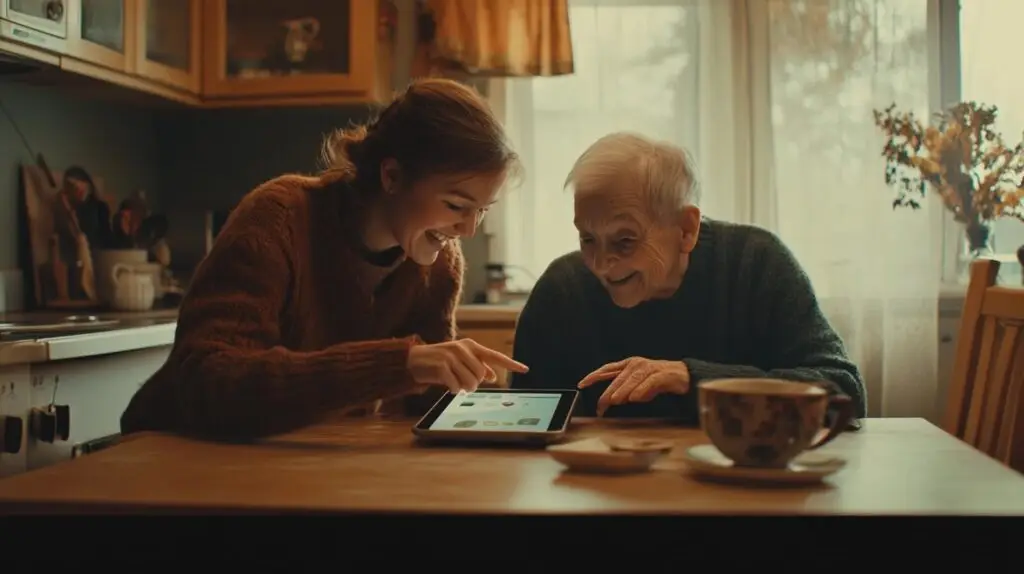 Daughter pointing out to her elderly father how to use AI on the tablet