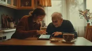 Daughter pointing out to her elderly father how to use AI on the tablet