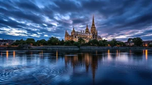 Winchester Cathedral at dusk with its Gothic spire reflecting in the River Itchen. Mysterious geometric ripples appear in the water, hinting at the reality-altering music central to "The Conductor's Score"