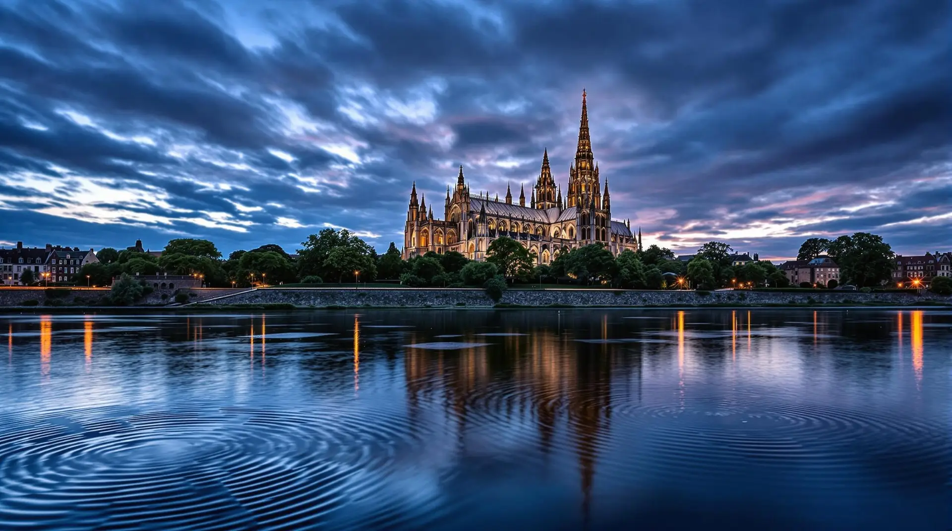 Winchester Cathedral at dusk with its Gothic spire reflecting in the River Itchen. Mysterious geometric ripples appear in the water, hinting at the reality-altering music central to "The Conductor's Score"