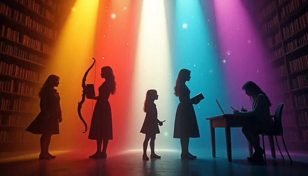 Five literary heroines illuminated by distinct colored lights in a magical library setting, representing different leadership styles and paths to professional growth through Elizabeth Bennet, Katniss Everdeen, Scout Finch, Hermione Granger, and Jo March.