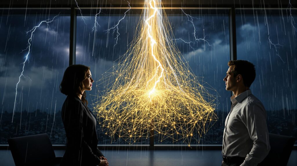 Lightning Revelation | Richard French During an electrical storm, lightning reveals the hidden bond forming between Mira and her client Stephen, as well as the mysterious silver thread that extends upward from Mira's chest. The holographic projection between them displays Stephen's complex bond network with hundreds of interconnected colored threads.