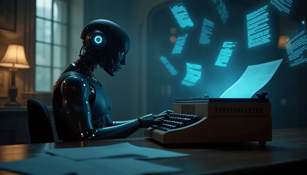 A robot sitting at a typewriter creating a script with hographic images of scripts floating around