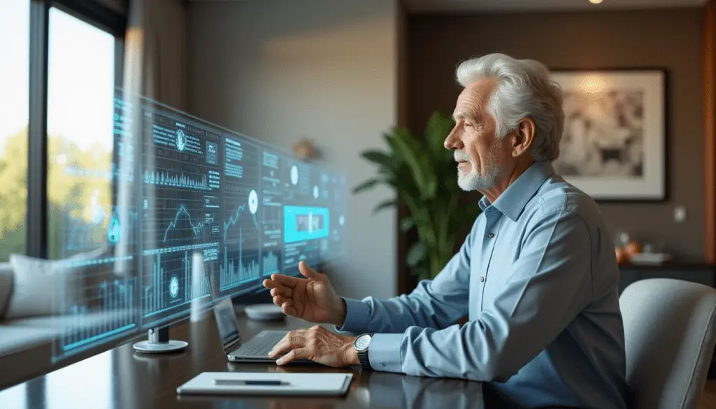 Baby Boomer sitting at his desk interacting with multiple holographic screens generated by AI