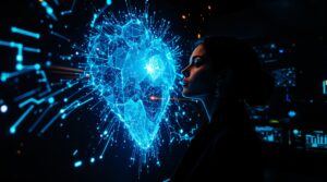Woman in profile gazing at holographic broken heart made of neural networks and data streams, representing emotional suppression technology in dystopian sci-fi setting