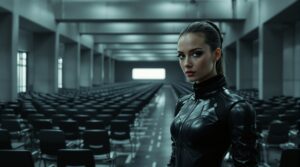 A young adult woman in pristine white Collector uniform stands alone in a brutalist concrete training facility. Hundreds of empty chairs behind her represent the candidates who didn't survive. Her expression is emotionless, distant. Harsh overhead lighting creates dramatic shadows. Cold, institutional atmosphere. Photorealistic, dystopian aesthetic.